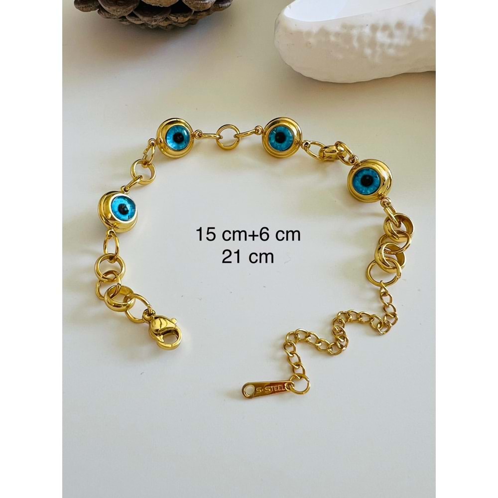 DÖRT SIRA BÜYÜK NAZAR BONCUKLU ÇELİK BİLEKLİK 15+6 CM-GOLD ACR5066