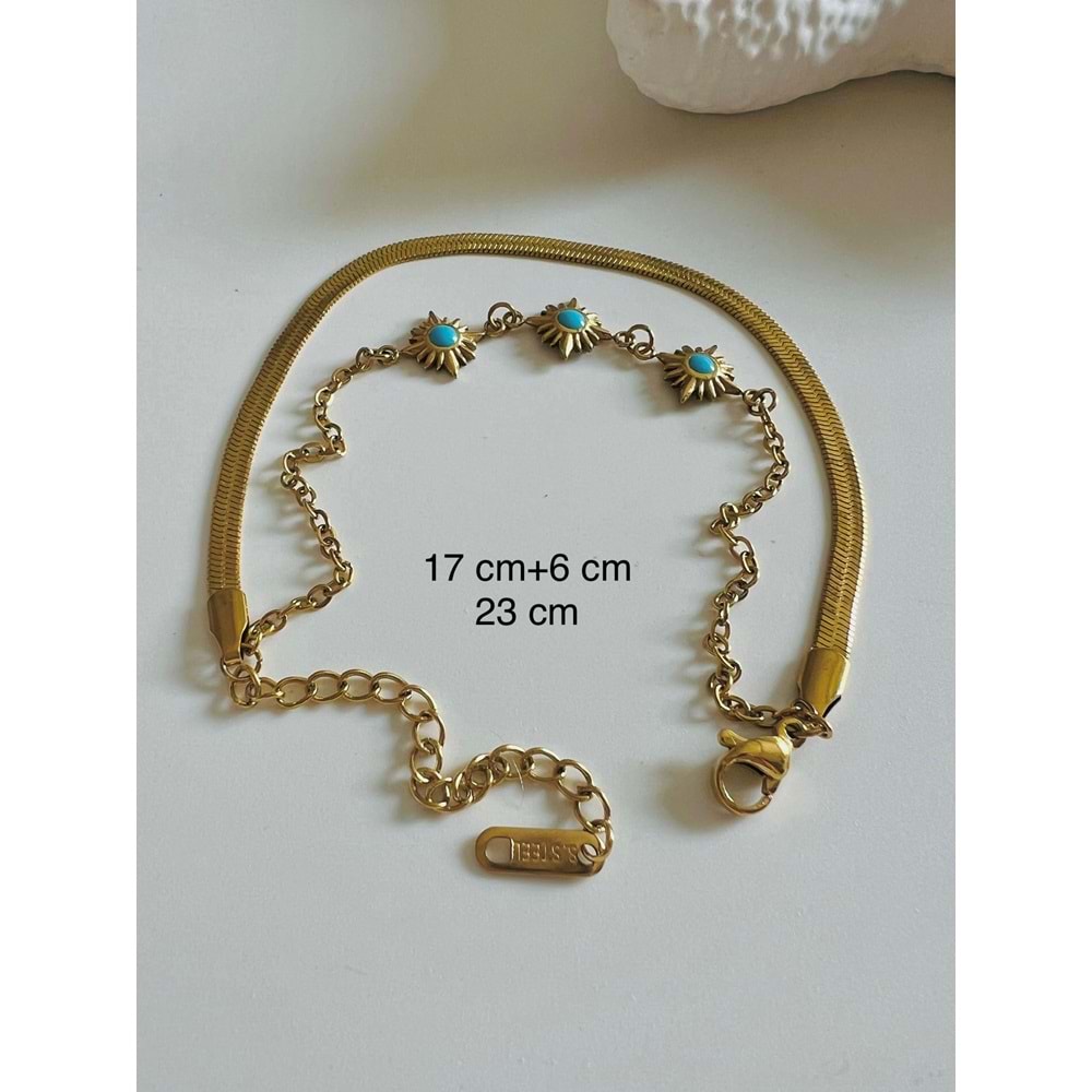 İTALYAN ZİNCİRLİ, İKİLİ, MAVİ MİNELİ ÇELİK BİLEKLİK 17+6 CM-GOLD ACR5159
