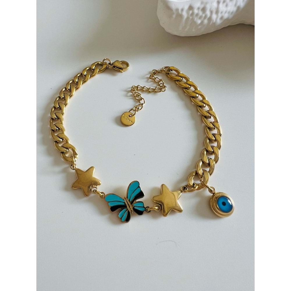 KELEBEKLİ NAZAR ÇELİK BİLEKLİK 18+5 CM-GOLD ACR5161