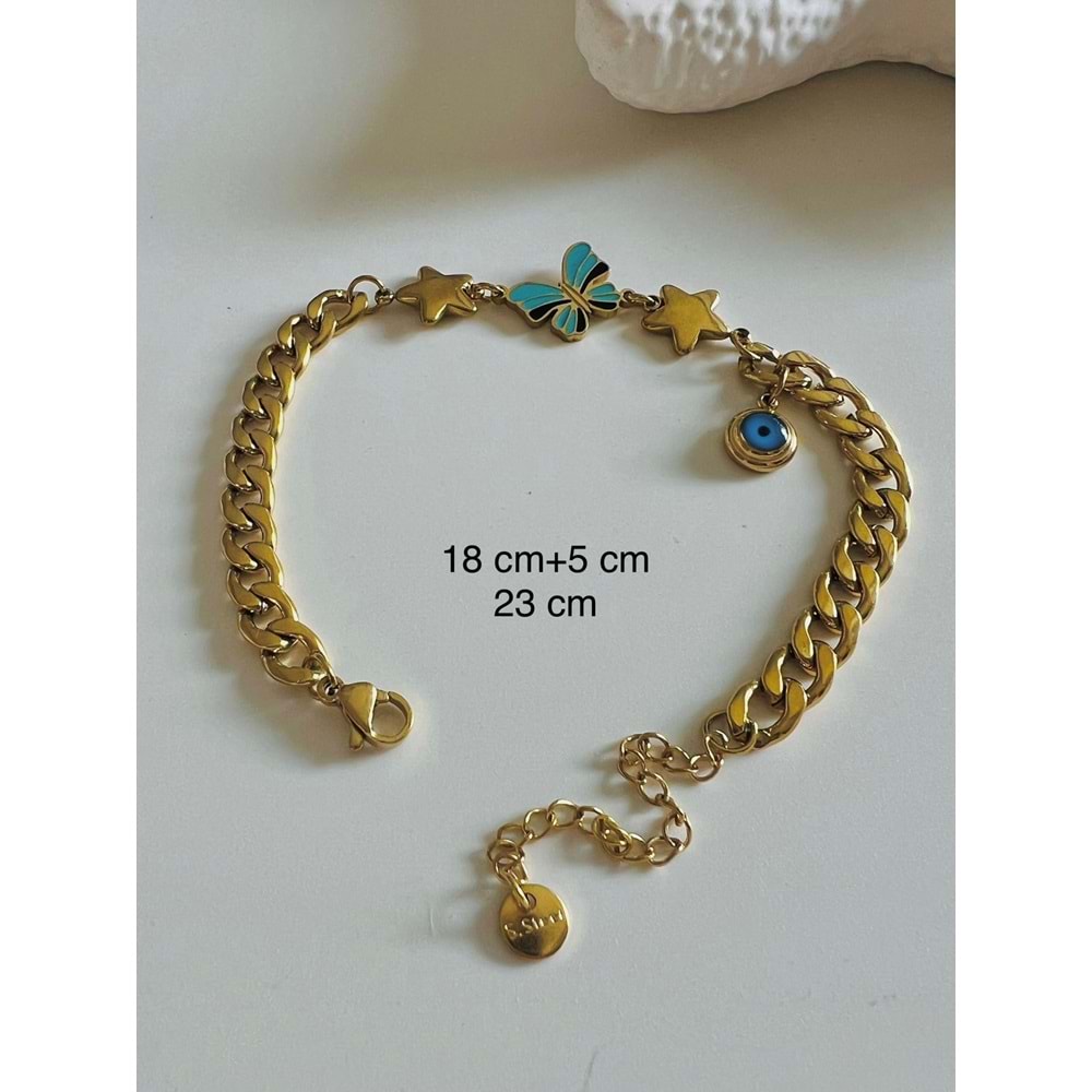 KELEBEKLİ NAZAR ÇELİK BİLEKLİK 18+5 CM-GOLD ACR5161