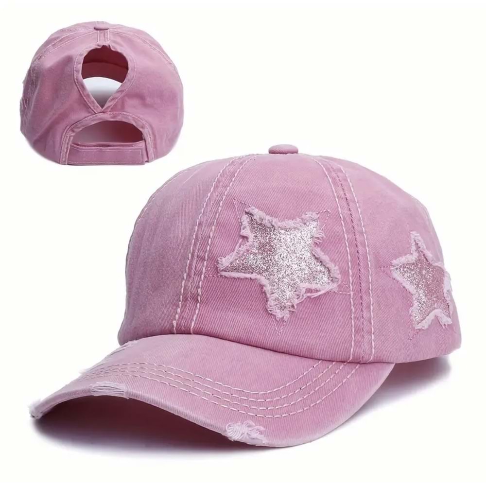 YILDIZ DESENLİ YIRTIK BEYZBOL TREND GÜNEŞ ŞAPKASI-PEMBE ACR5182