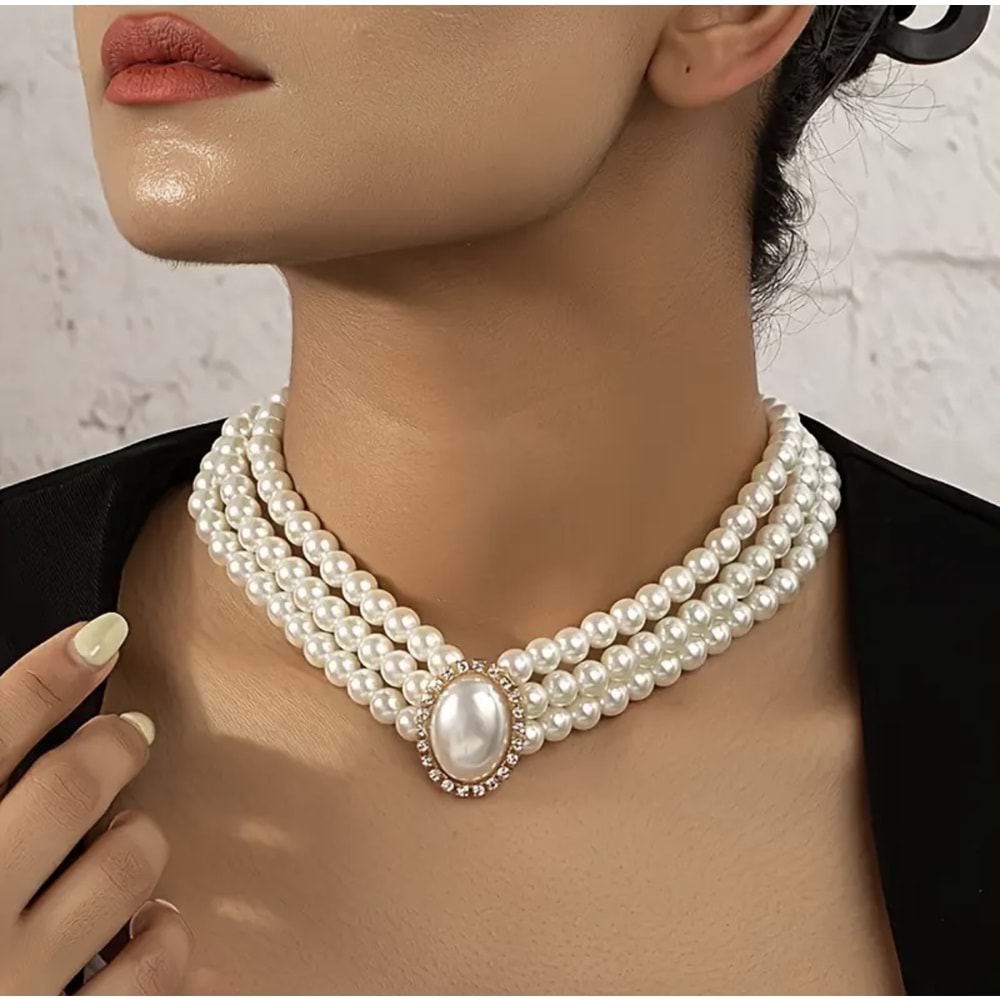VİNTAGE 3'LÜ GÖRÜNÜMLÜ İNCİ KOLYE VE İNCİ KÜPE SET ACR5364