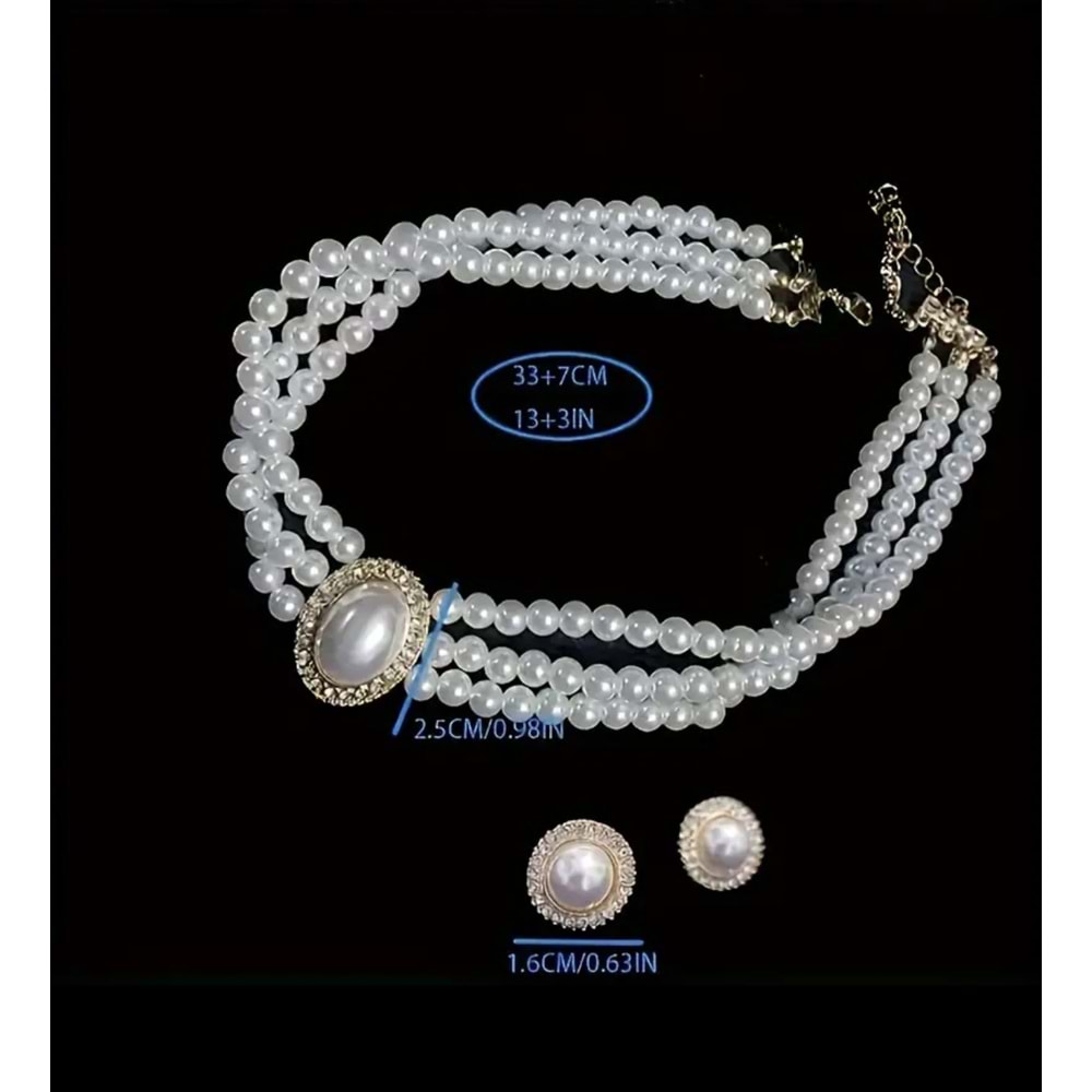 VİNTAGE 3'LÜ GÖRÜNÜMLÜ İNCİ KOLYE VE İNCİ KÜPE SET ACR5364