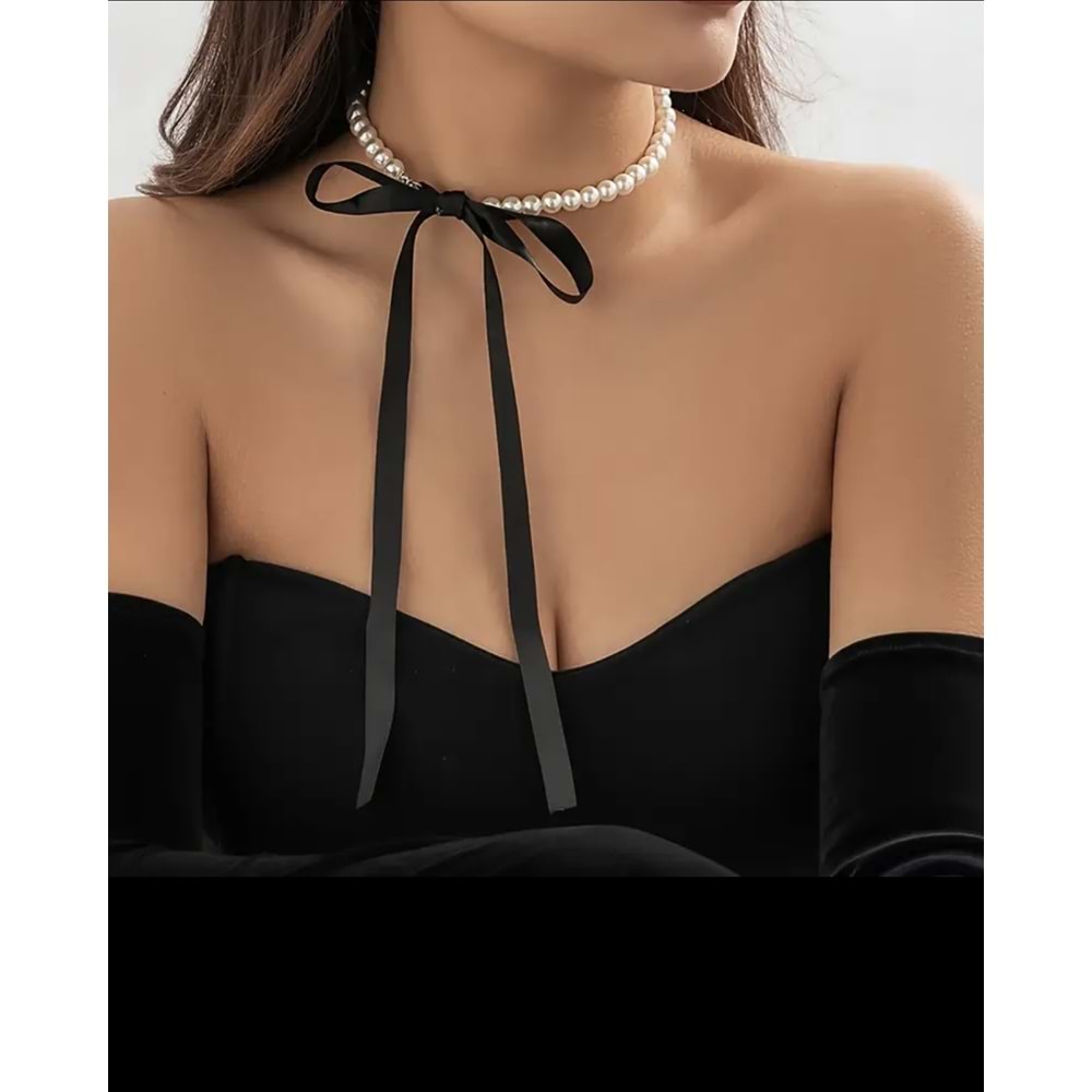 SİYAH KURDELALI İNCİ CHOKER KOLYE 38 CM ACR5377