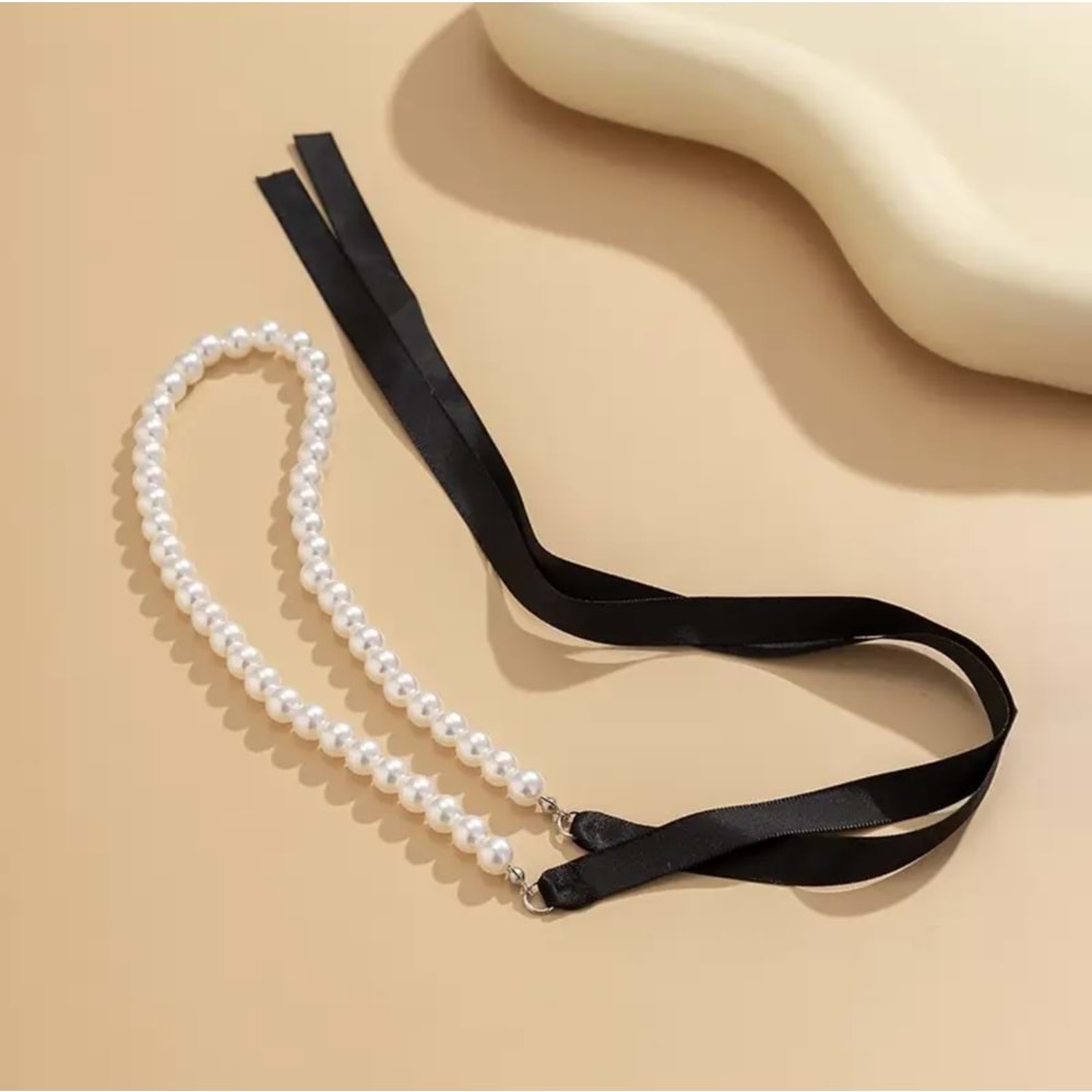 SİYAH KURDELALI İNCİ CHOKER KOLYE 38 CM ACR5377