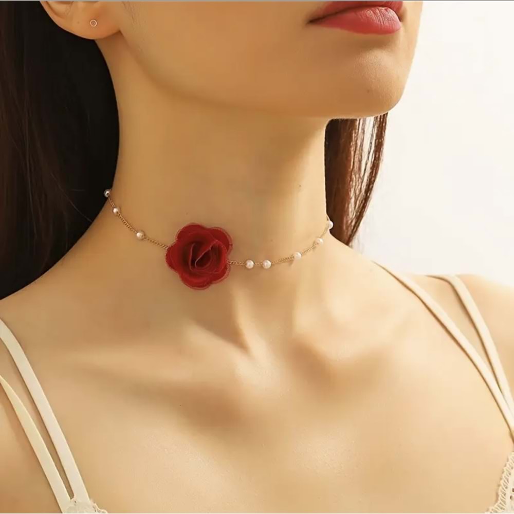 İNCİLİ GÜL CHOKER KOLYE 30+10 CM-GOLD ACR5384