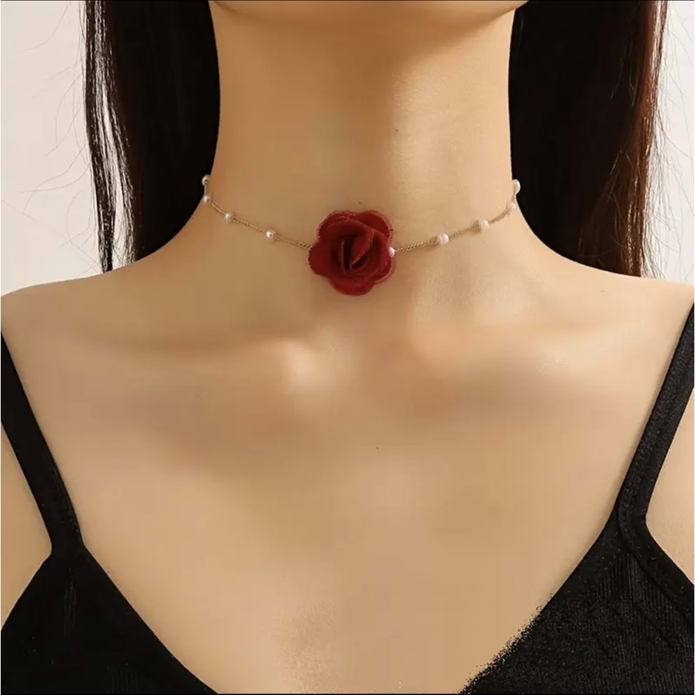 İNCİLİ GÜL CHOKER KOLYE 30+10 CM-GOLD ACR5384