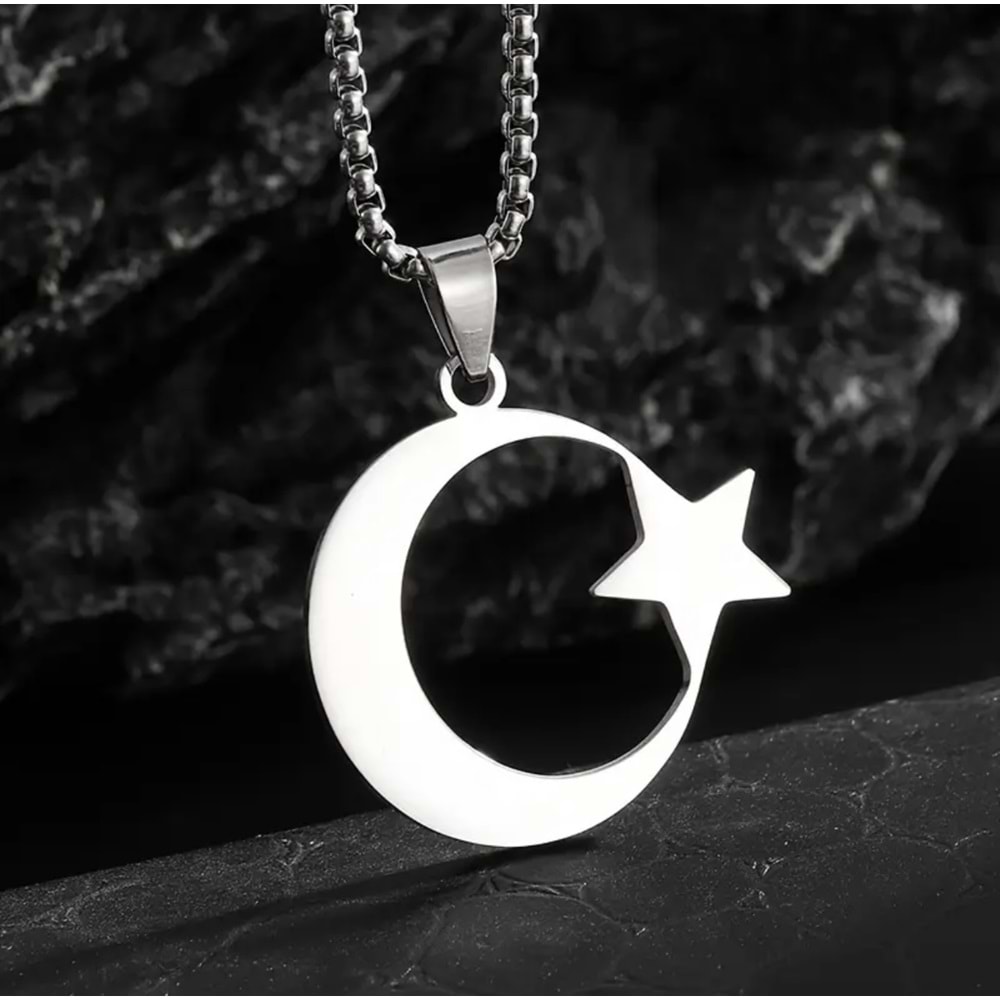 ERKEK ÇELİK AY VE YILDIZ KOLYE 60CM-GÜMÜŞ ACR5406