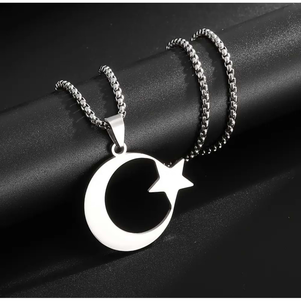 ERKEK ÇELİK AY VE YILDIZ KOLYE 60CM-GÜMÜŞ ACR5406
