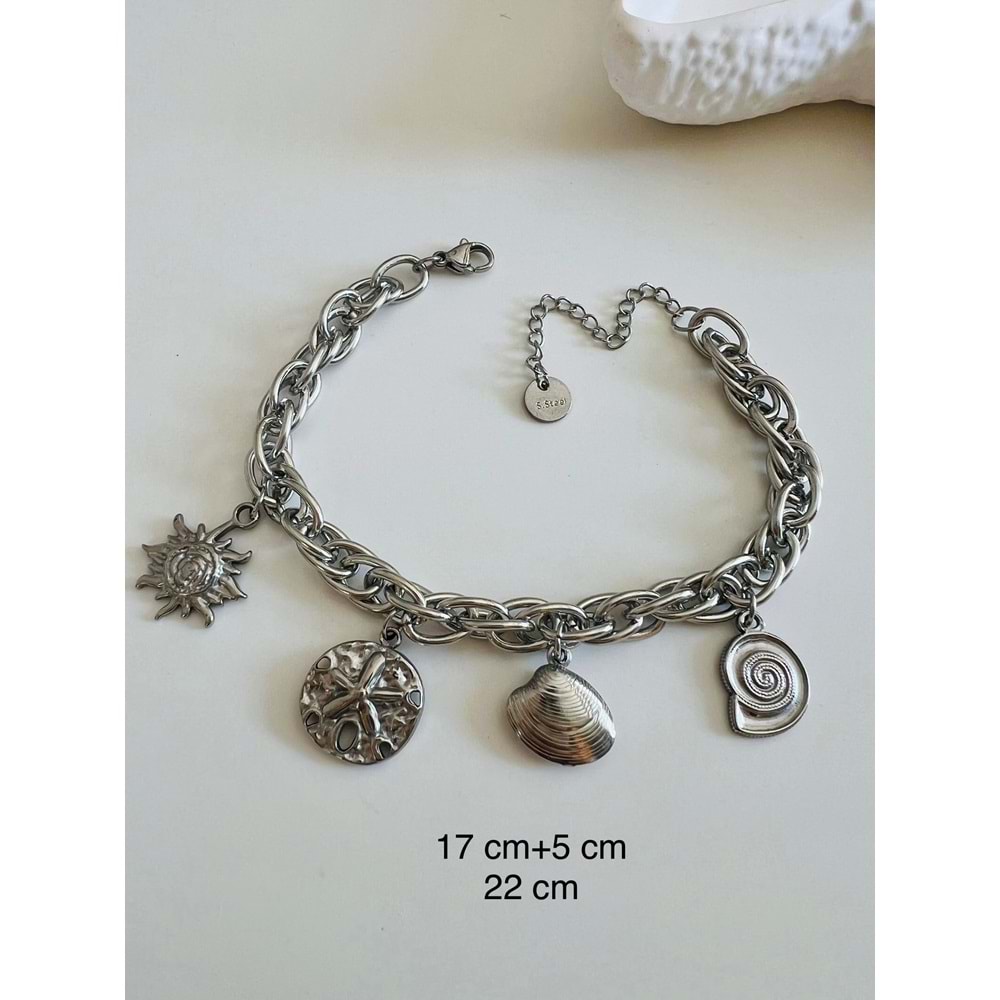 ÇELİK İSTİRİDYELİ, GÜNEŞLİ CHARM BİLEKLİK 17+5CM-GÜMÜŞ RENK ACR5520