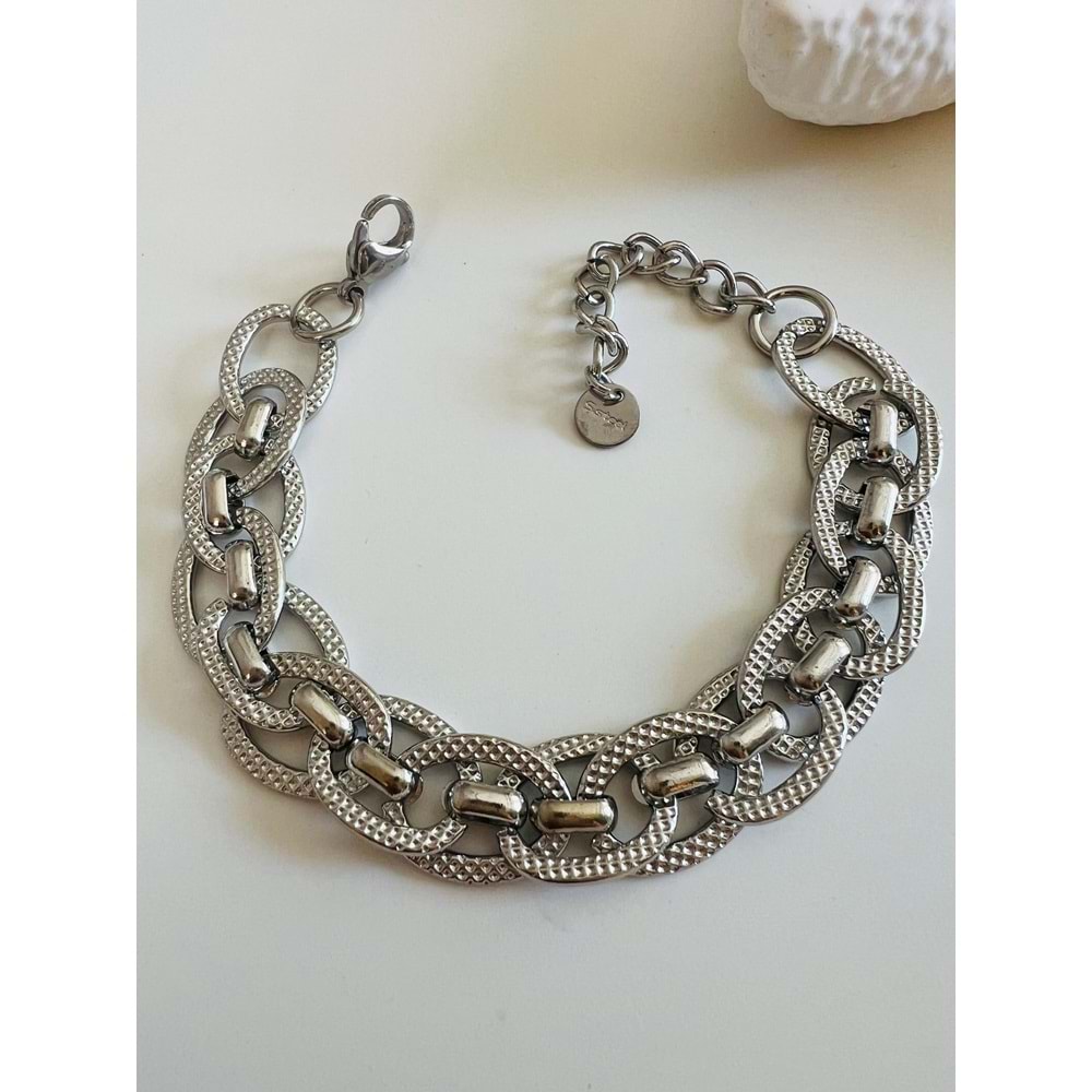 ÇELİK İÇ İÇE GEÇMELİ ZİNCİR BİLEKLİK 17+5CM-GÜMÜŞ RENK ACR5525