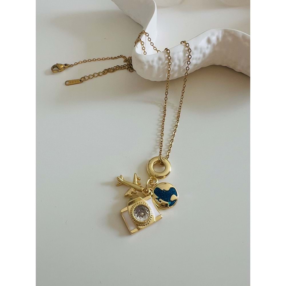 ÇELİK SEYAHAT CHARM KOLYE 40+5CM-GOLD RENK ACR5528