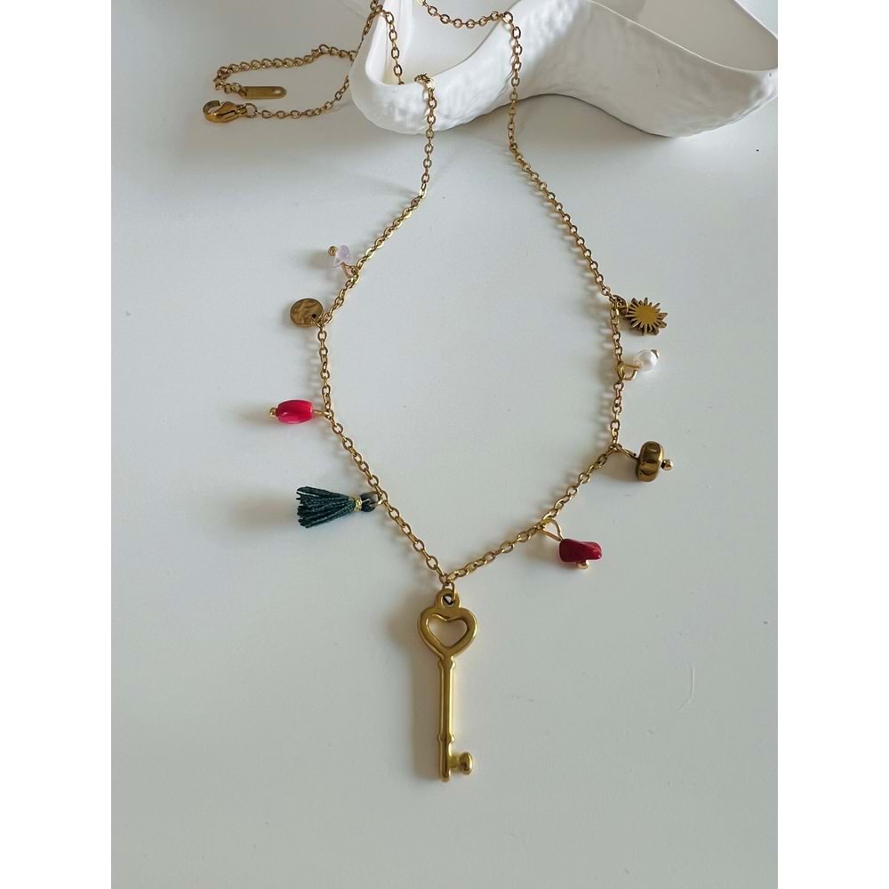 ANAHTAR CHARMLI ÇELİK KOLYE 40+6CM-GOLD ACR5963