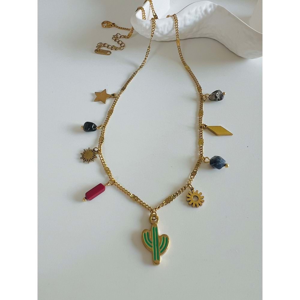KAKTÜS CHARMLI ÇELİK KOLYE 40+6CM-GOLD ACR5984