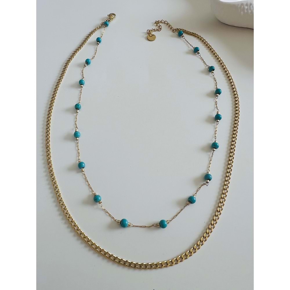 2'Lİ MAVİ BONCUKLU ÇELİK ZİNCİR KOLYE 38+5CM-GOLD RENK ACR6063