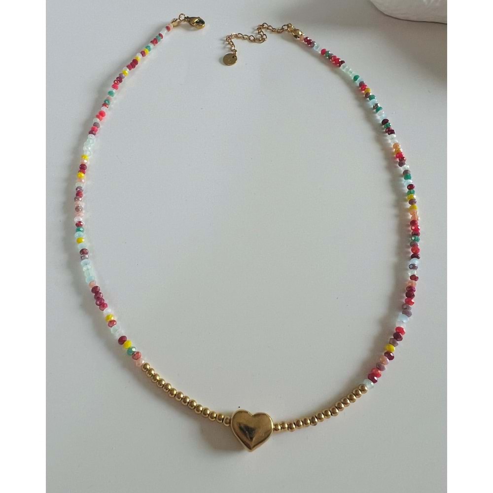 RENKLİ BONCUKLU KALP ÇELİK KOLYE 40+5CM-GOLD RENK ACR6064
