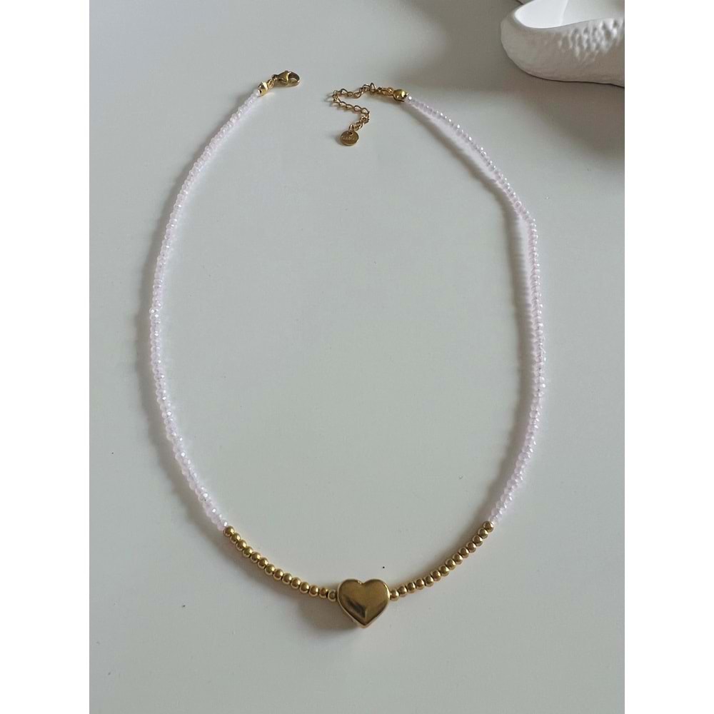 PEMBE BONCUKLU KALP ÇELİK KOLYE 40+5CM-GOLD RENK ACR6067