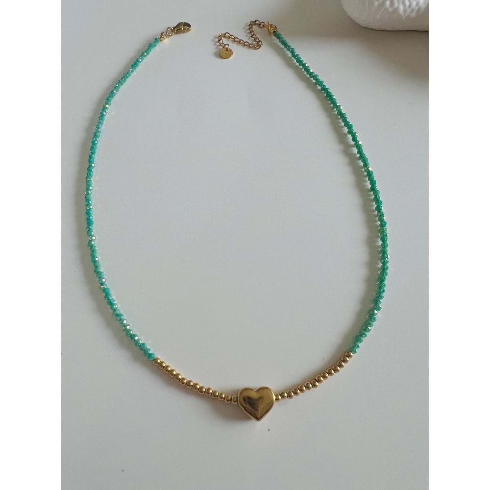 YEŞİL BONCUKLU ÇELİK KALP KOLYE 40+5CM-GOLD RENK ACR6068