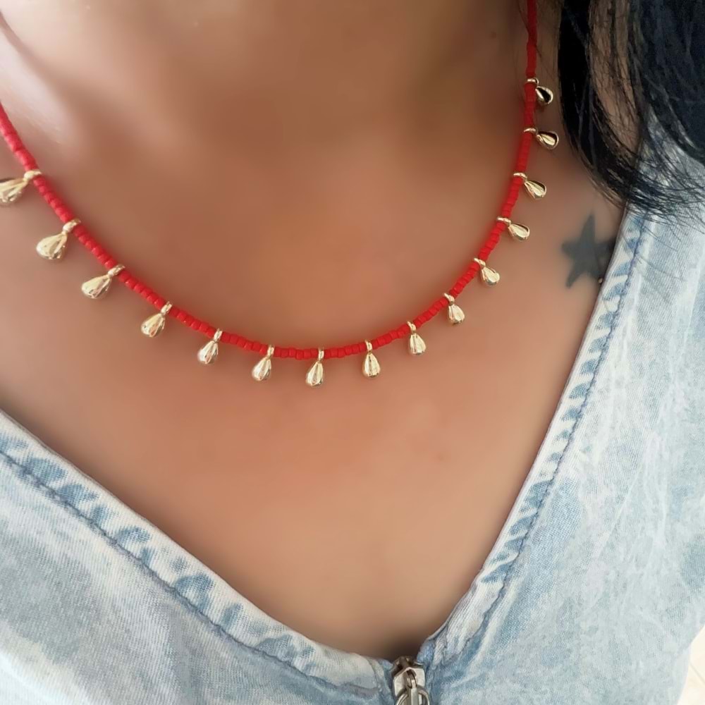 KIRMIZI BONCUKLU DAMLA KOLYE 40+3CM-GOLD RENK ACR6073