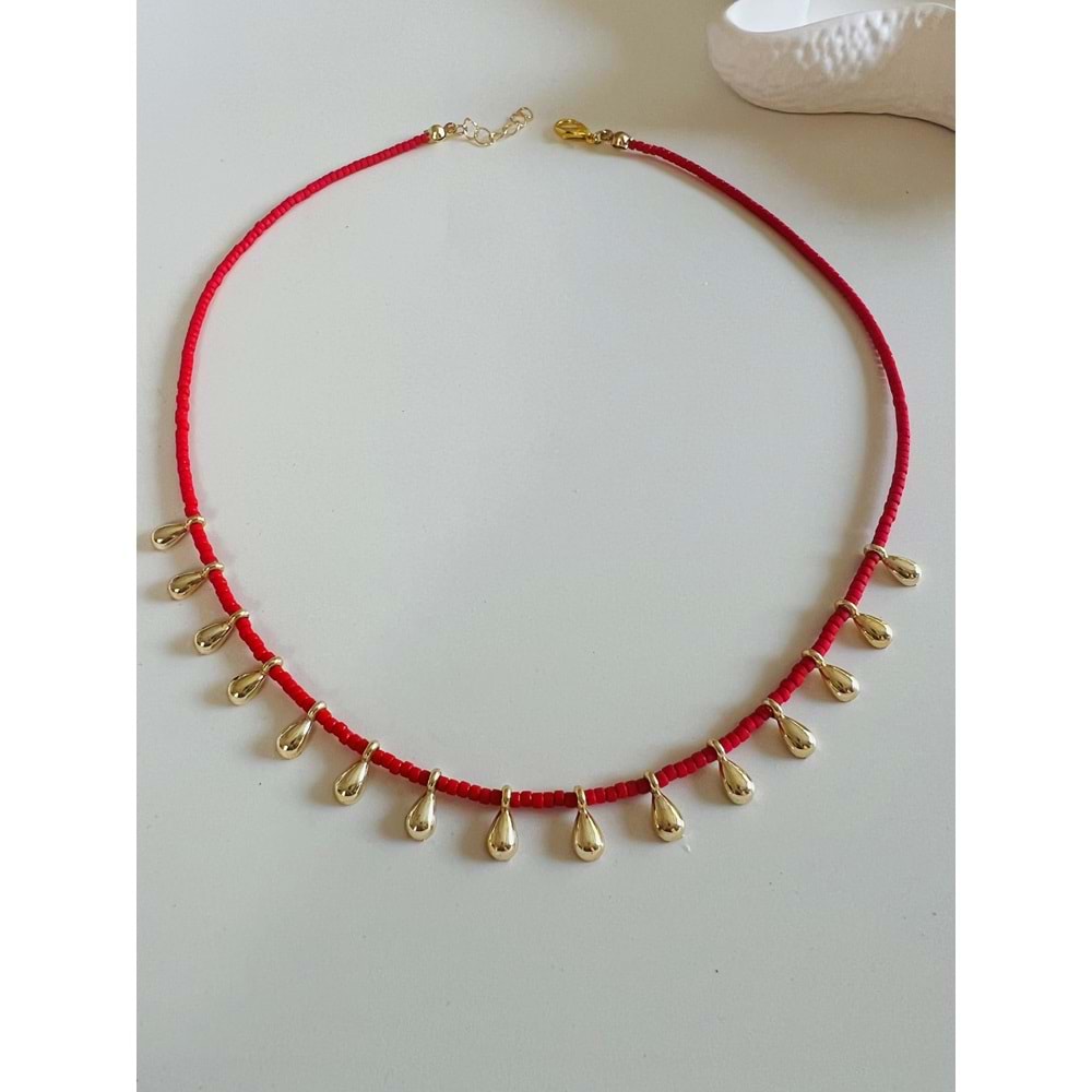 KIRMIZI BONCUKLU DAMLA KOLYE 40+3CM-GOLD RENK ACR6073