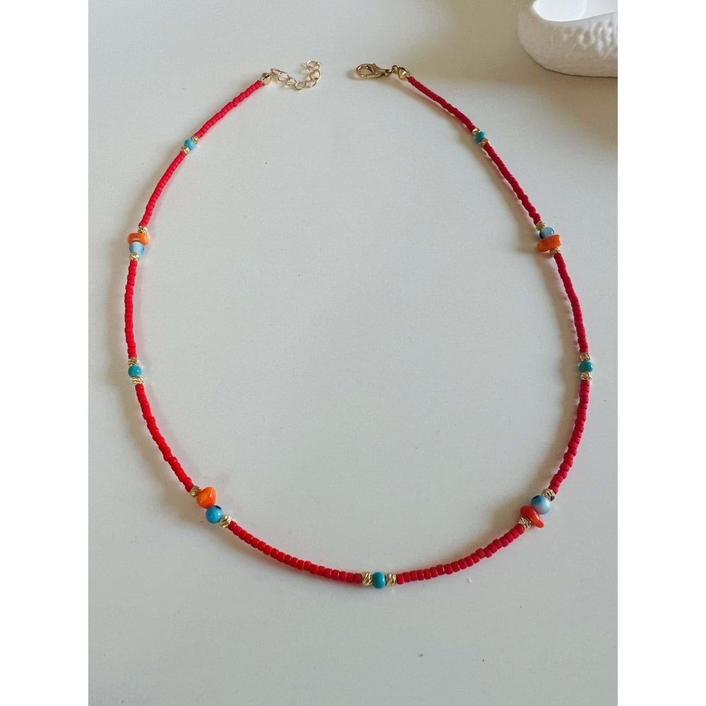 KIRMIZI BONCUKLU, RENKLİ TAŞLI KOLYE 40+3CM-GOLD RENK ACR6075