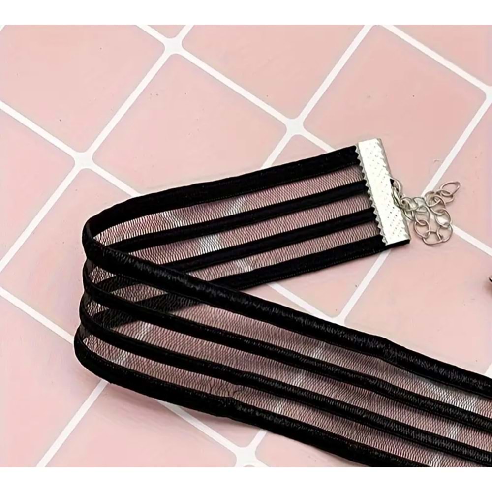 PUNK TARZI ELASTİKLİ SİYAH DANTEL ÇİZGİLİ CHOKER KOLYE ACR6160