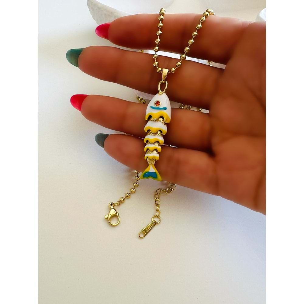 BEYAZ MİNELİ BALIK ÇELİK KOLYE 40+5CM-GOLD ACR6170
