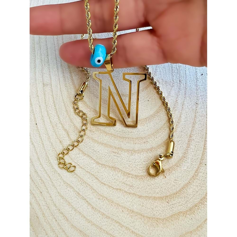 GOLD RENK NAZAR BONCUKLU N HARF ÇELİK KOLYE ACR6239