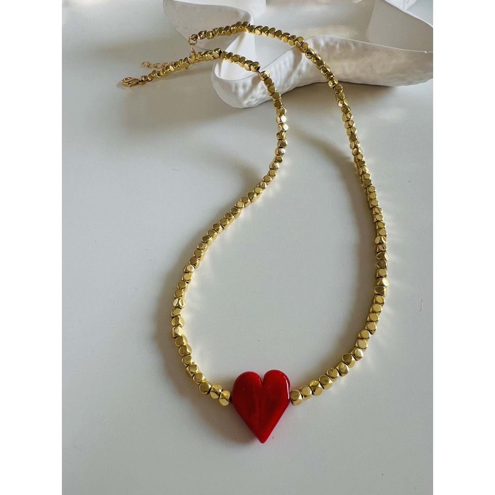 KIRMIZI KALPLİ KOLYE 43+3CM-GOLD RENK ACR6262