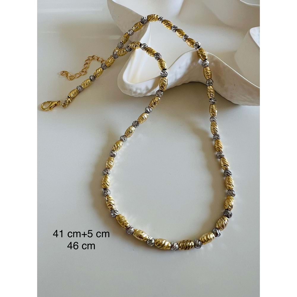 GOLD, GÜMÜŞ RENK OVAL BONCUKLU DORİKA KOLYE 41+5CM ACR6289