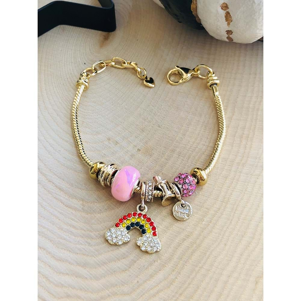 VİDALI, CHARMLARI DEĞİŞTİREBİLİR PEMBE RENK GÖKKUŞAĞI CHARM BİLEKLİK GOLD RENK ACR6358