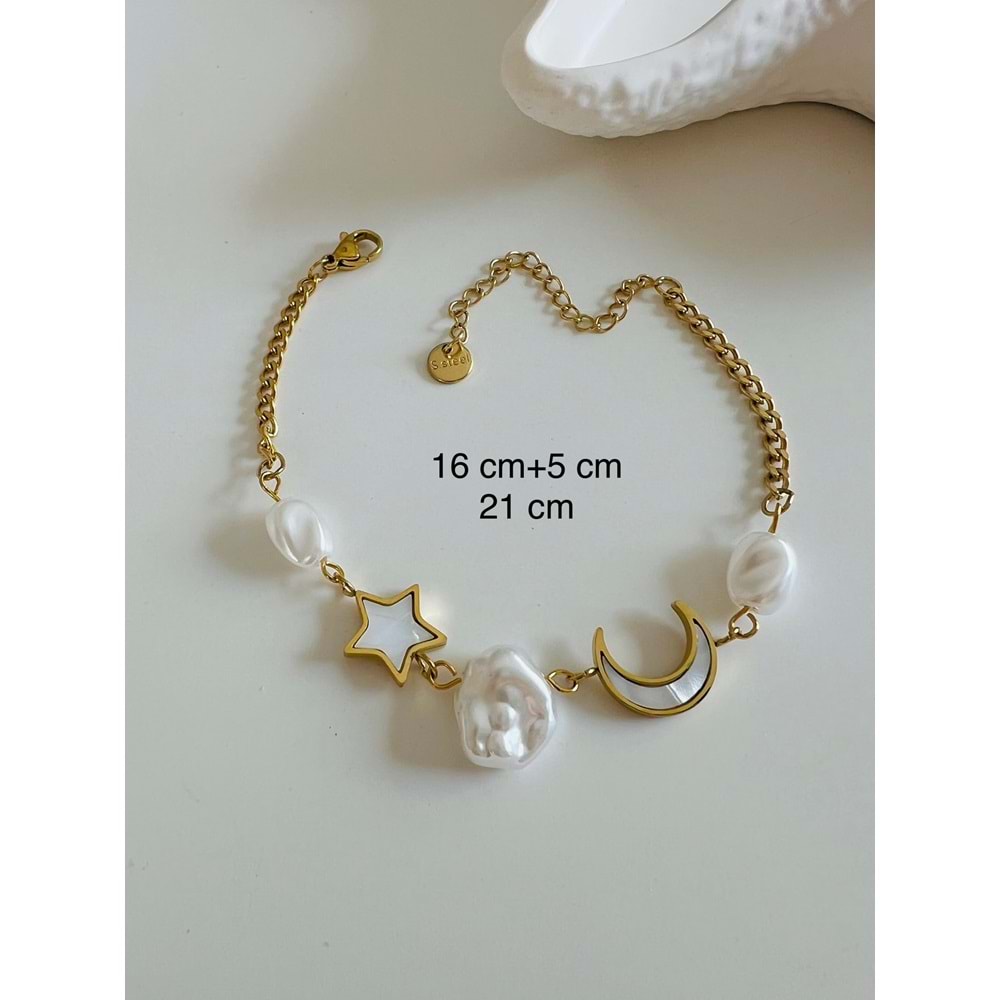 ÇELİK AY, YILDIZLI, İNCİLİ BİLEKLİK 16+5CM-GOLD RENK ACR6673