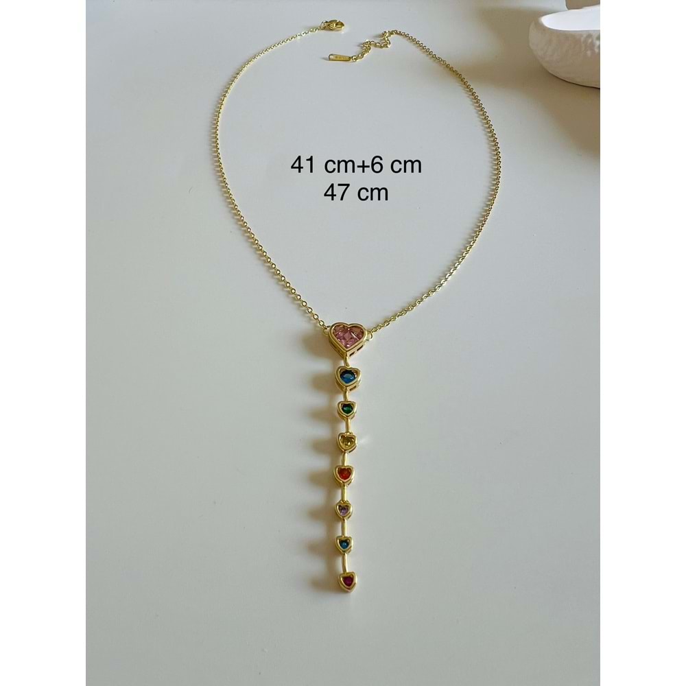 ÇELİK 14K RENKLİ TAŞLI, KALPLİ Y KOLYE 41+6CM-GOLD ACR6768
