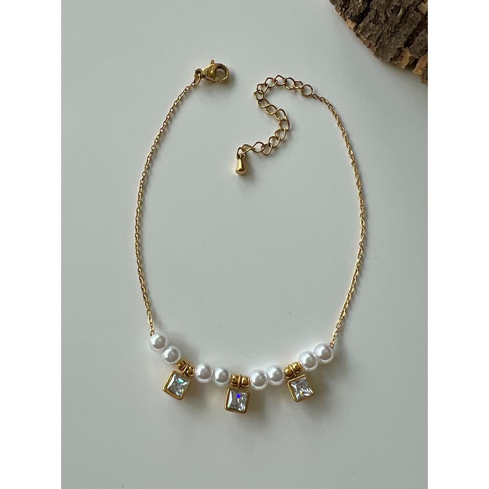 GOLD RENK KARE TAŞLI-İNCİLİ ÇELİK HALHAL 21+5 CM ACR6951