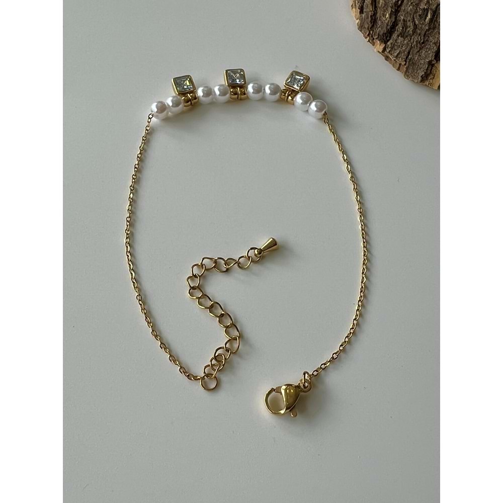 GOLD RENK KARE TAŞLI-İNCİLİ ÇELİK HALHAL 21+5 CM ACR6951