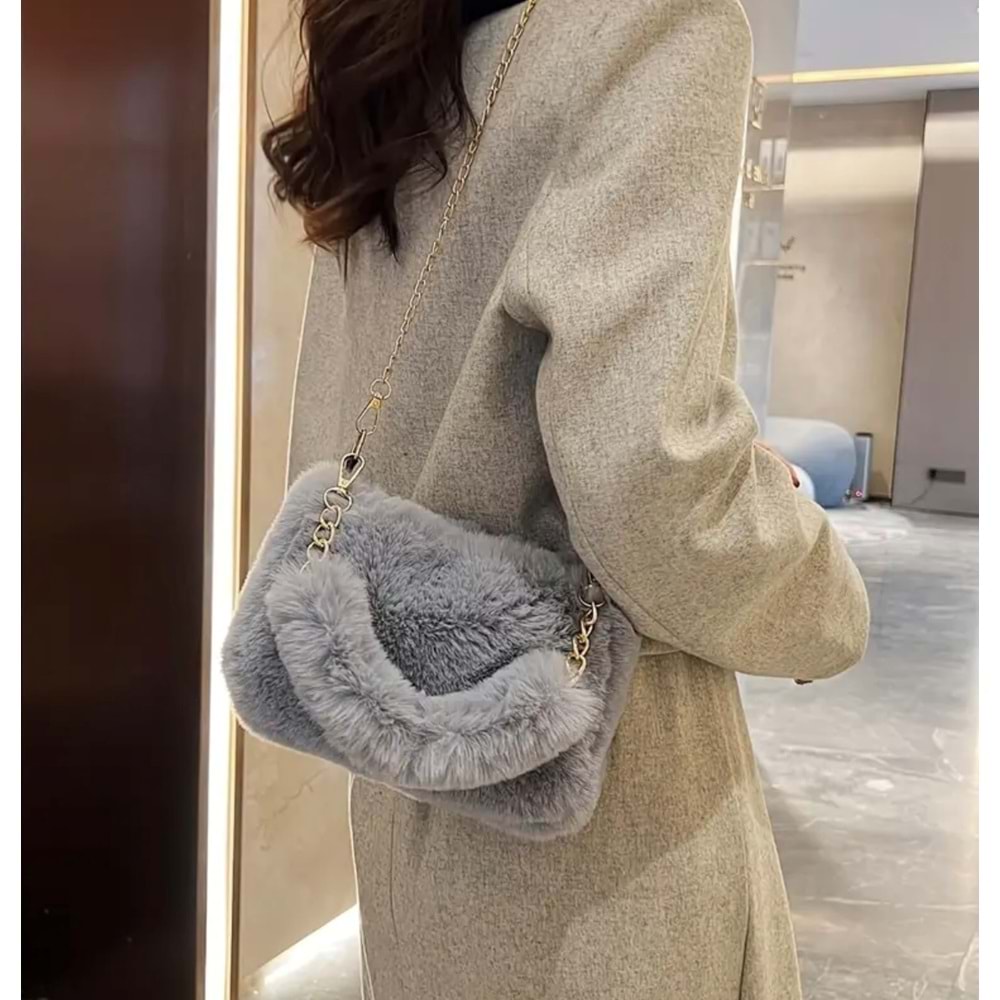 PELUŞ MİNİ, ÇAPRAZ, ÇIKARILABİLİR ASKILI, OMUZ-KOLTUK-EL ÇANTASI GRİ RENK ACR7410