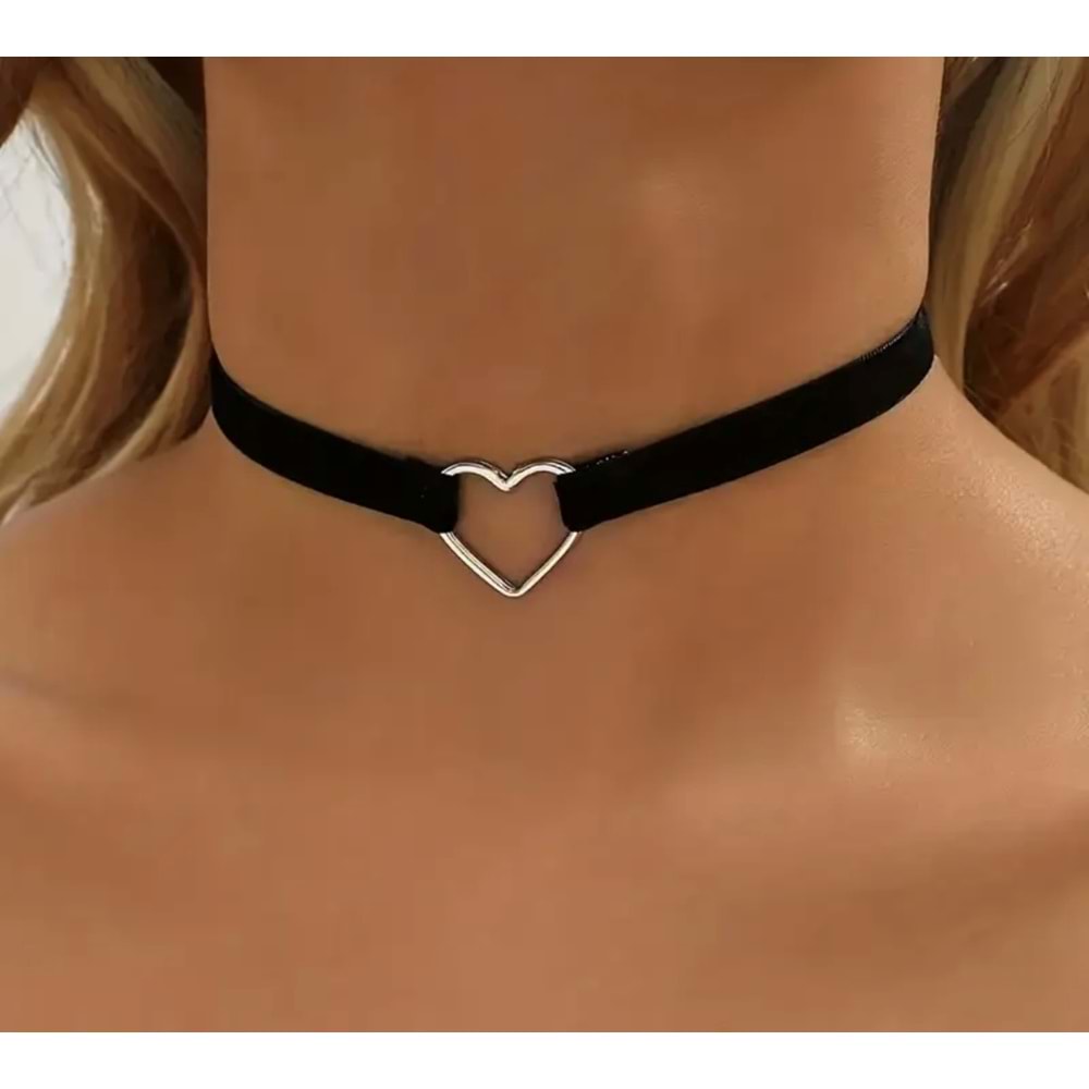 SİYAH RENK, POLYESTER KUMAŞ KALP CHOKER KOLYE ACR7422