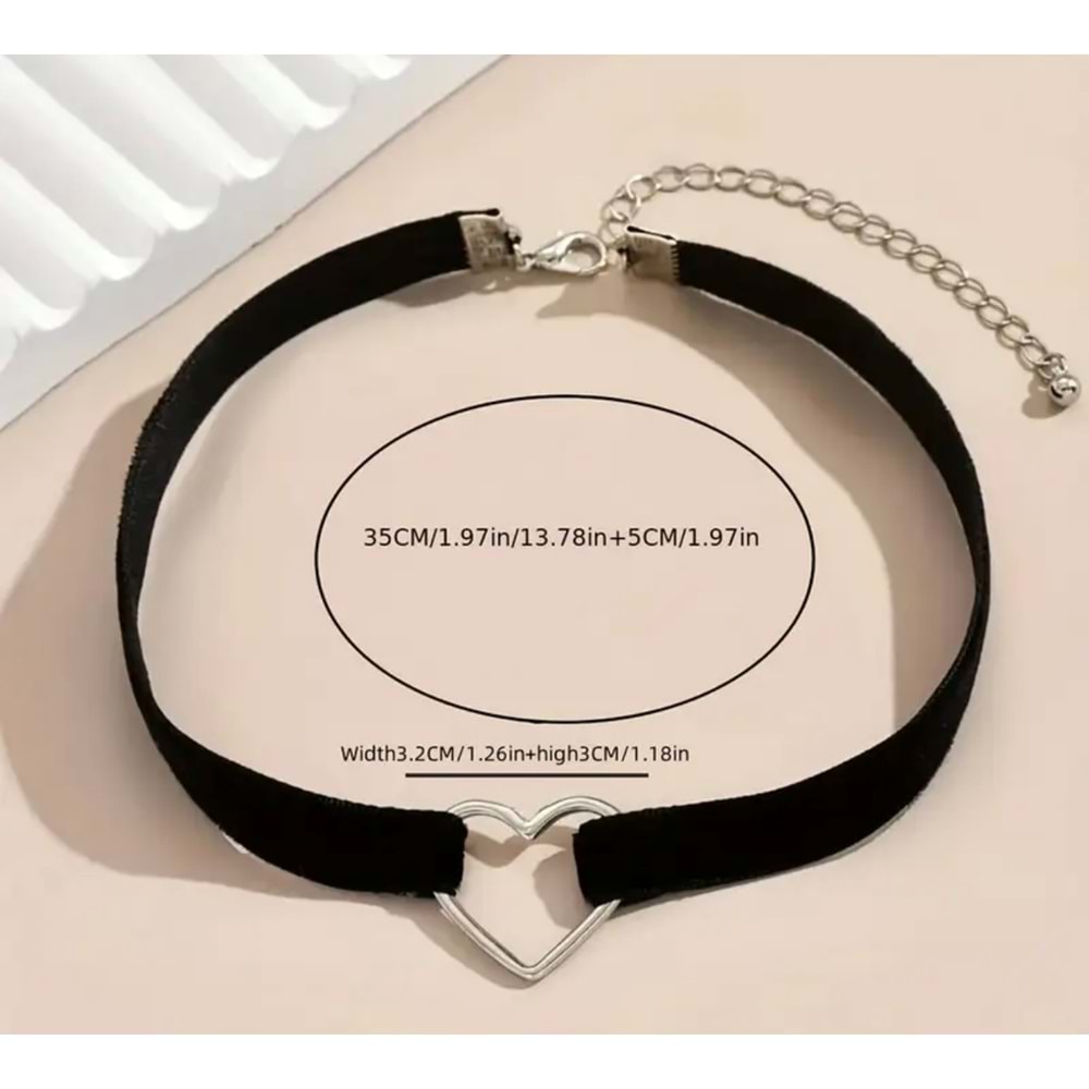 SİYAH RENK, POLYESTER KUMAŞ KALP CHOKER KOLYE ACR7422