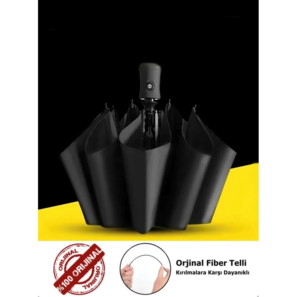 8 FİBER TELLİ RÜZGARA DAYANIKLI TAM OTOMATİK, KILIFLI SİYAH UNISEX ŞEMSİYE ACR7509