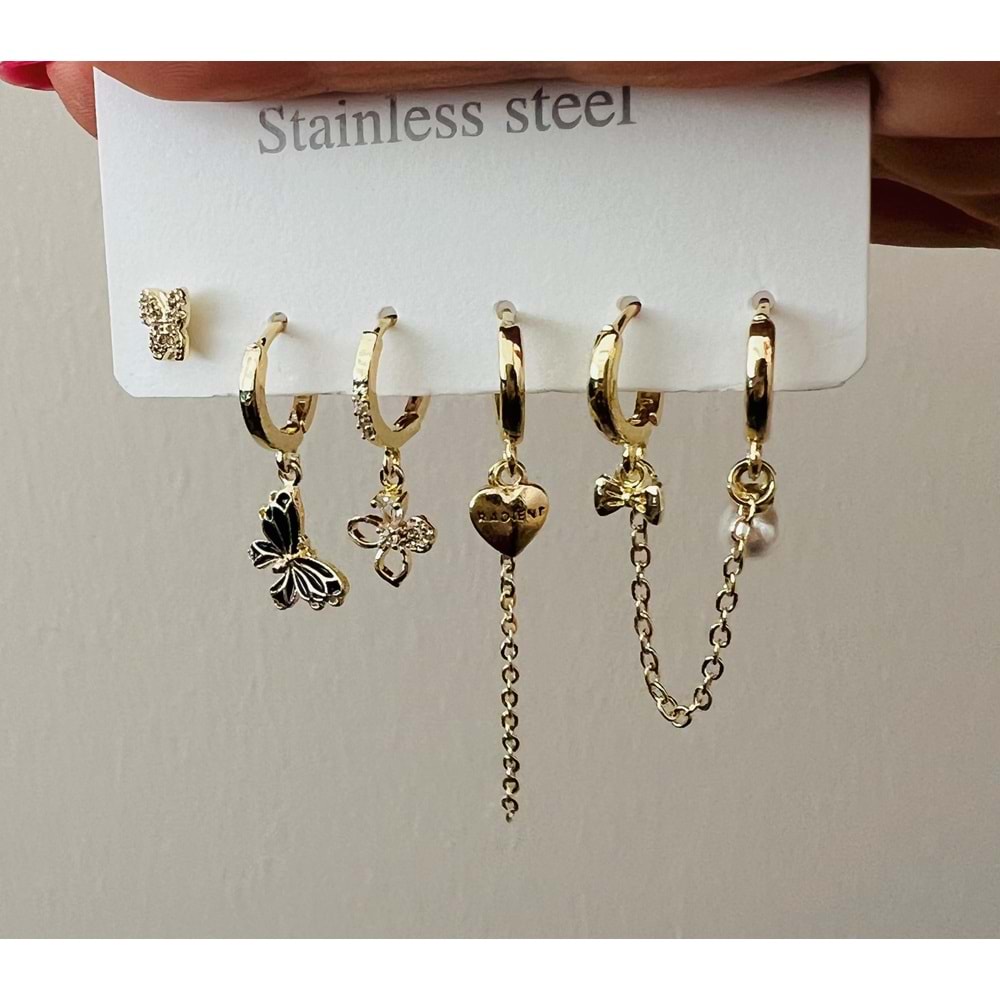 6'LI KELEBEKLİ, İNCİLİ ÇELİK SET KÜPE-GOLD RENK ACR7666