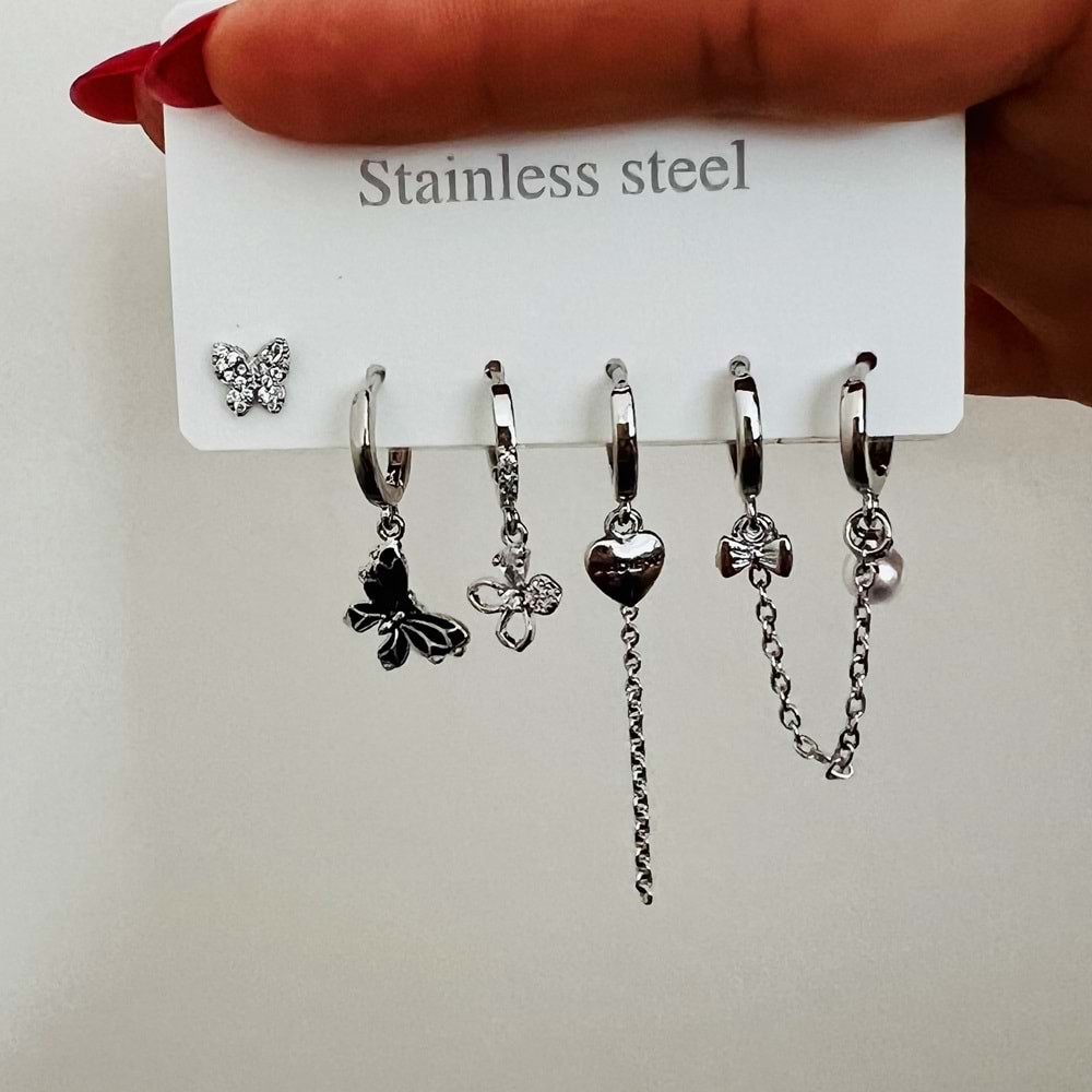 6'LI KELEBEKLİ, İNCİLİ ÇELİK SET KÜPE-GÜMÜŞ RENK ACR7675