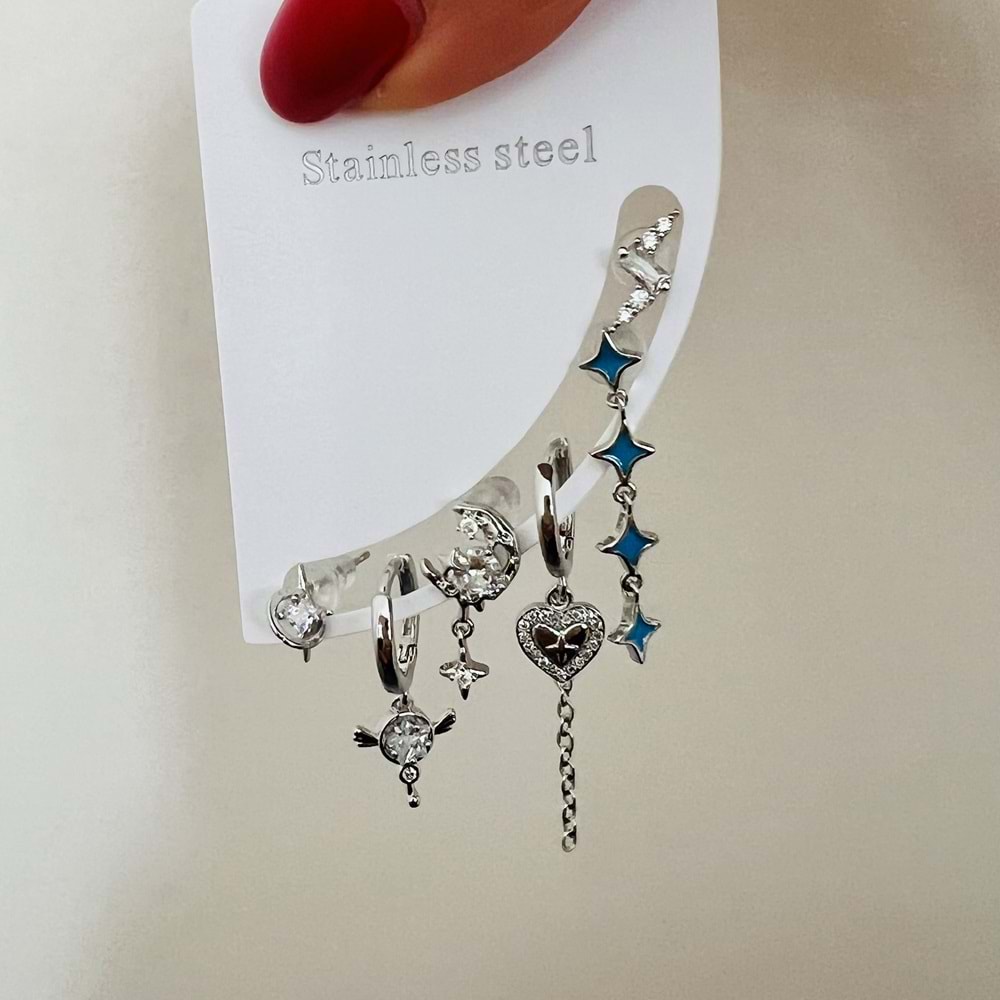 6'LI AY YILDIZLI, KALPLİ, MAVİ MİNELİ YILDIZ SALLANTILI ÇELİK SET KÜPE-GÜMÜŞ ACR7676