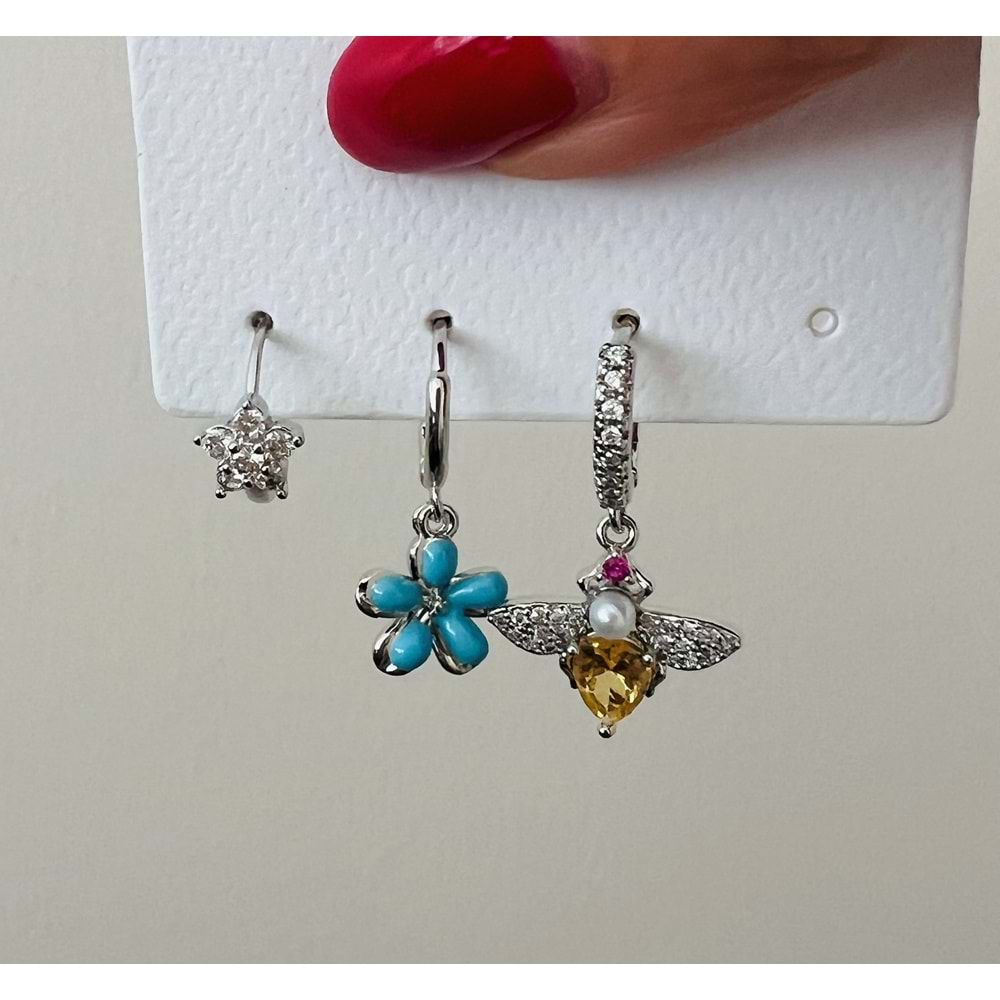 3'LÜ ARILI, MAVİ ÇİÇEKLİ, YILDIZLI ÇOKLU KÜPE-GÜMÜŞ RENK ACR7690