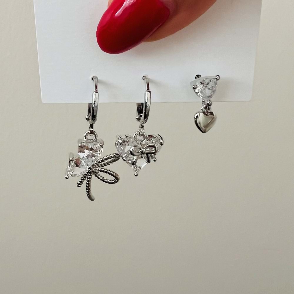 3'LÜ FİYONKLU, KALPLİ KÜPE SETİ-GÜMÜŞ RENK ACR7691