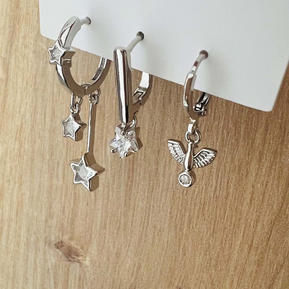 3'LÜ YILDIZ SALLANTILI KÜPE SETİ -GÜMÜŞ RENK ACR7695