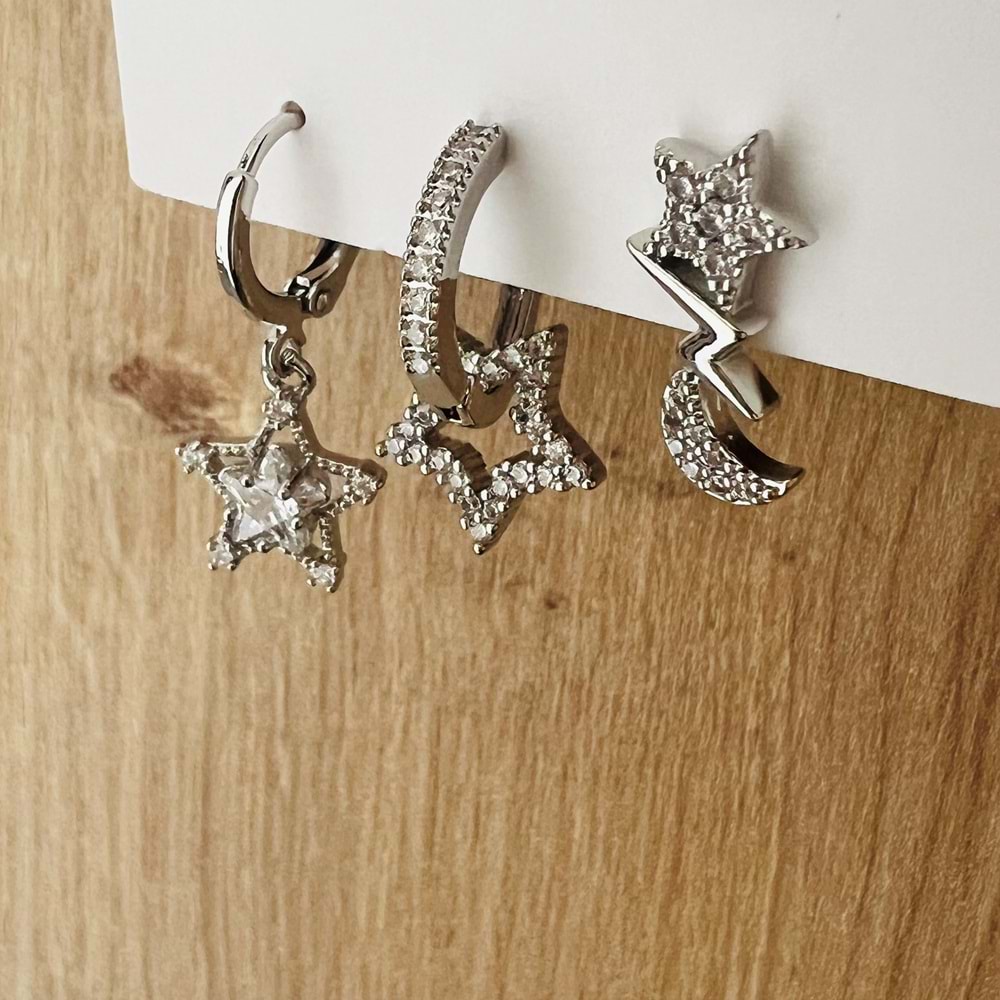 3'LÜ TAŞLI YILDIZ SALLANTILI KÜPE SETİ-GÜMÜŞ RENK ACR7705