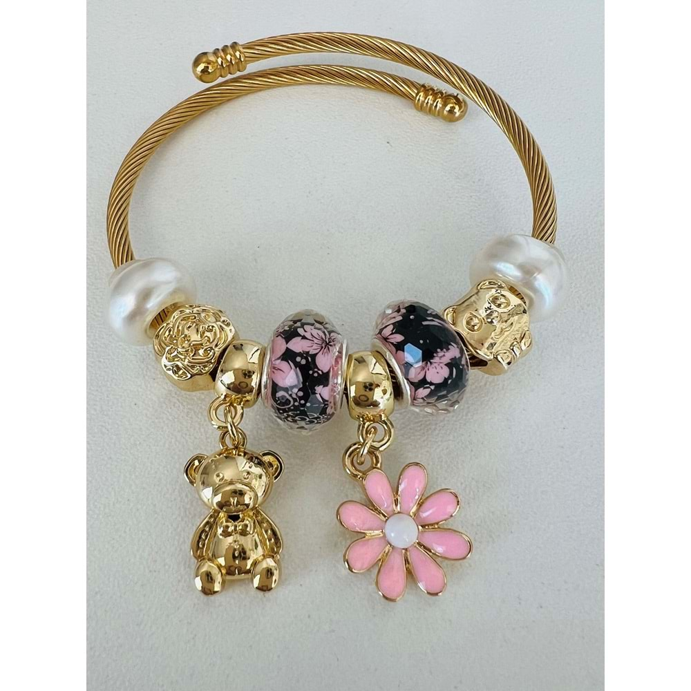 GOLD RENK PEMBE TAŞLI-ÇİÇEKLİ-AYICIKLI CHARM BİLEKLİK ACR7803