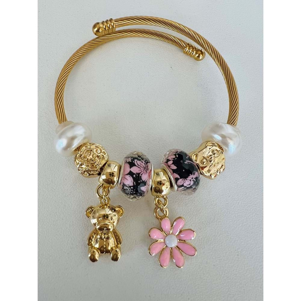 GOLD RENK PEMBE TAŞLI-ÇİÇEKLİ-AYICIKLI CHARM BİLEKLİK ACR7803