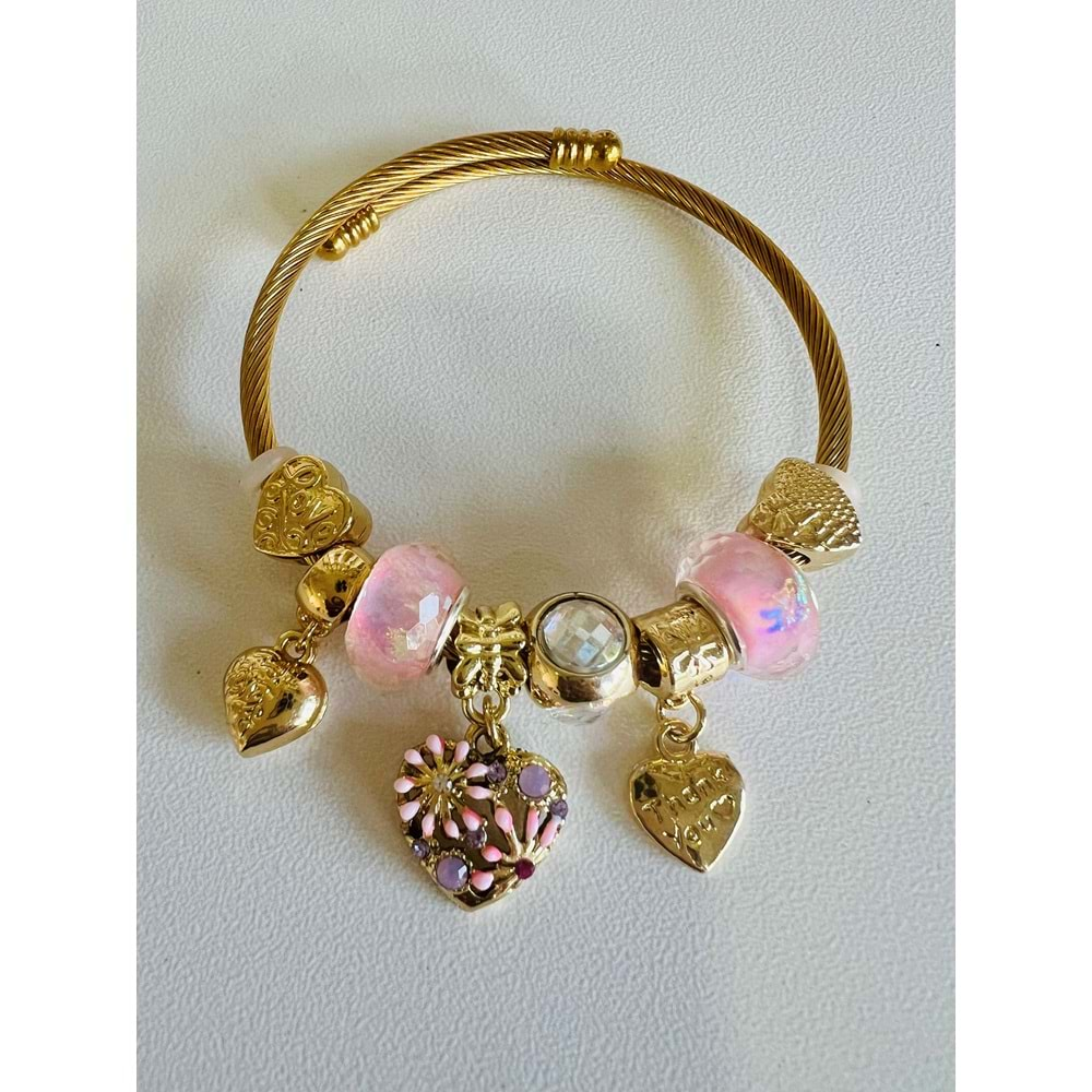 GOLD RENK PEMBE TAŞLI-KALPLİ CHARM BİLEKLİK ACR8185