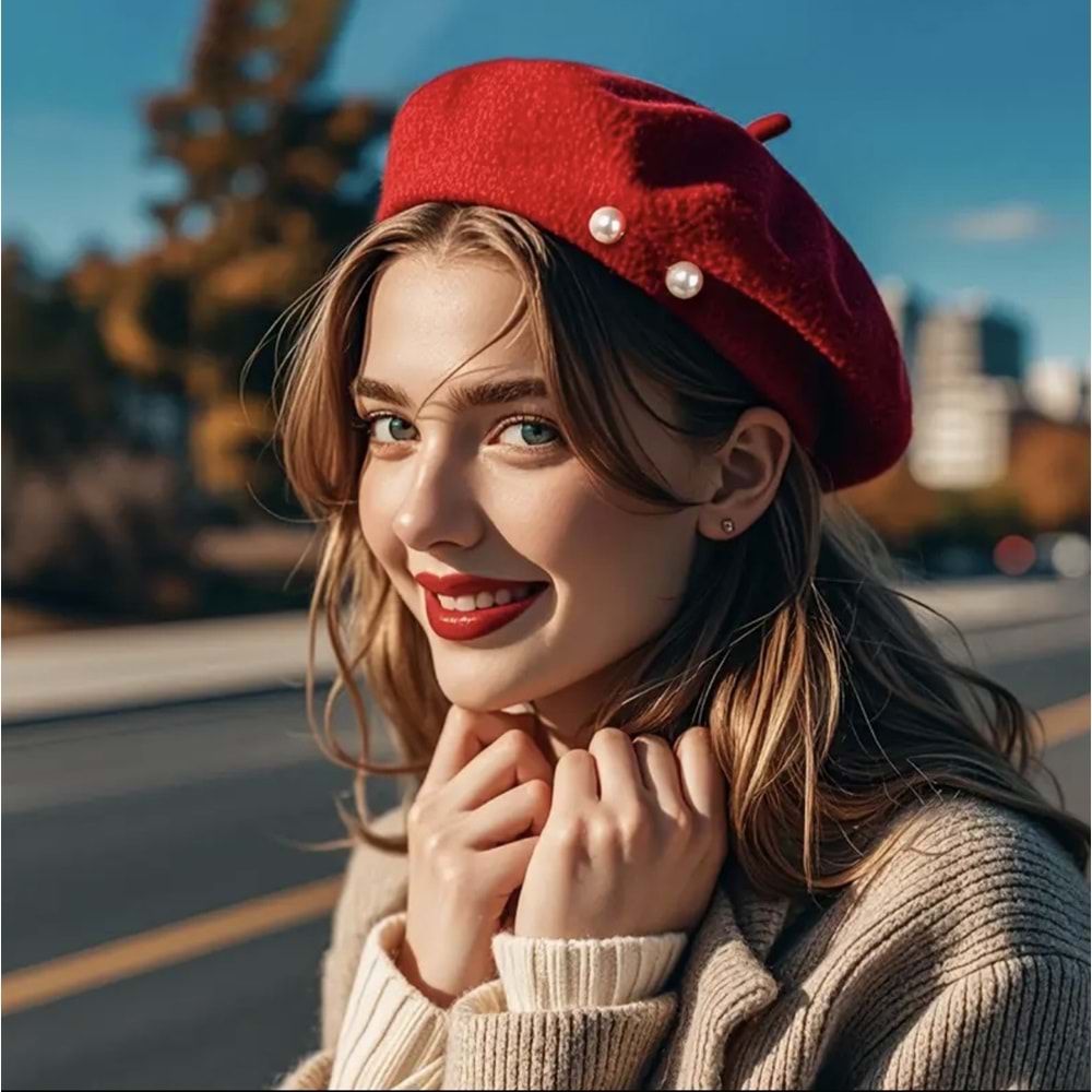 KIRMIZI RENK İNCİ İŞLEMELİ KIŞLIK BERE ACR8208